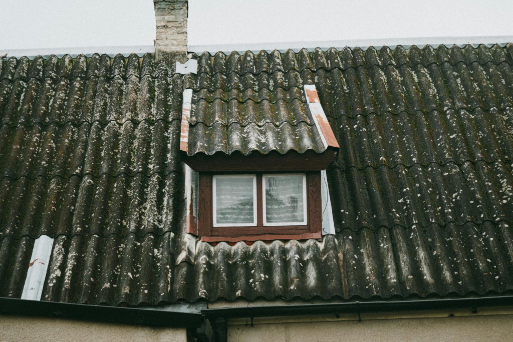 Detailed view of a moss-covered roof with a small window in rural Poland, capturing rustic charm.